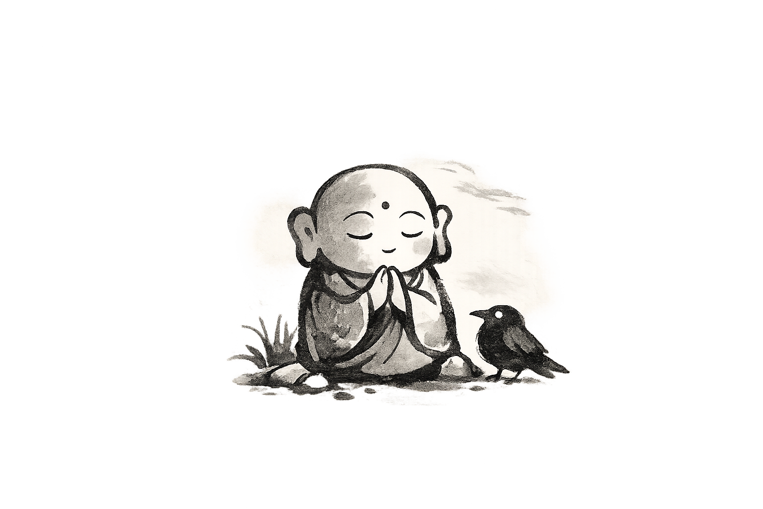 Gentle ink illustration of a Jizo and crow